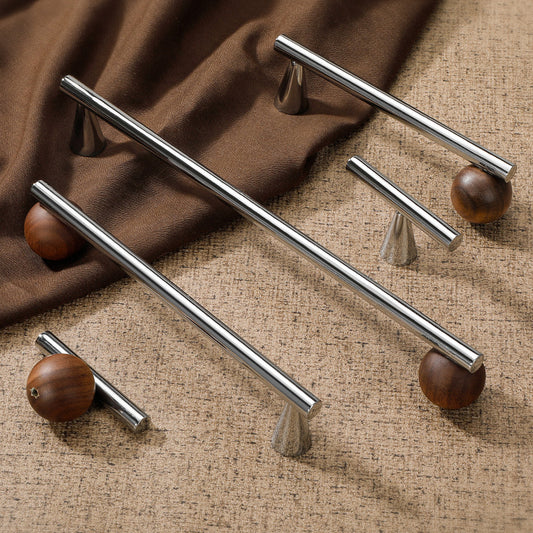 WODE Brass & Walnut Wood Cabinet Pulls, Solid Wood & Chrome Brass Drawer Pull Knobs for Kitchen Cupboard Wardrobe Dresser